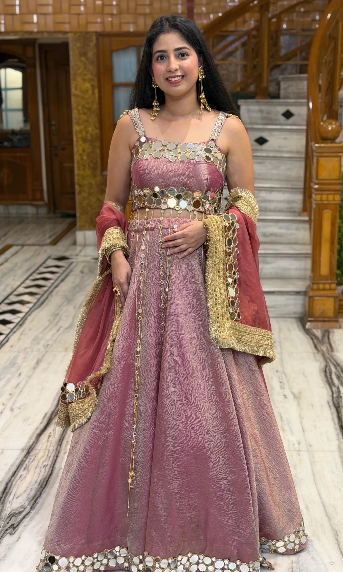 Noor Luxury Mirror Work Lehenga-Dusty Rose
