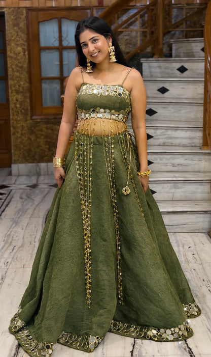 Noor Luxury Mirror Work Lehenga-Olive Green