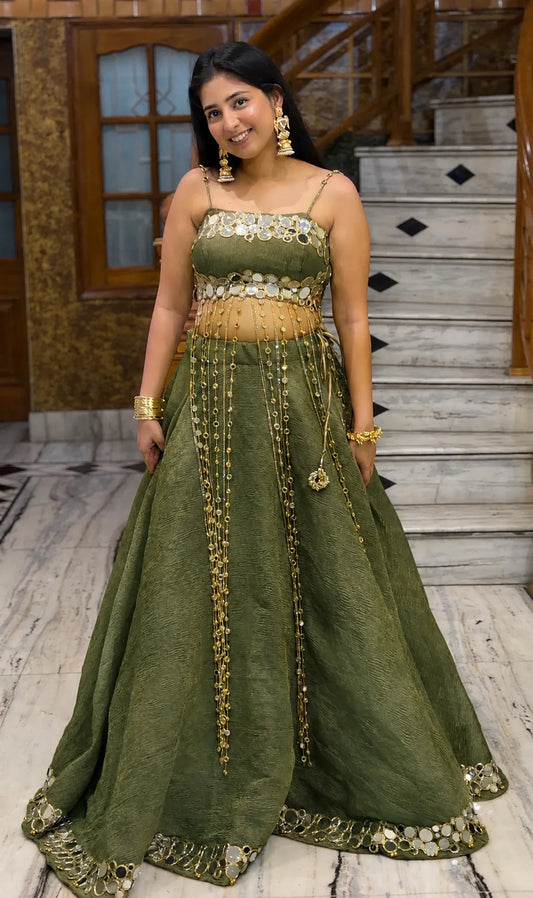 Noor Luxury Mirror Work Lehenga-Olive Green