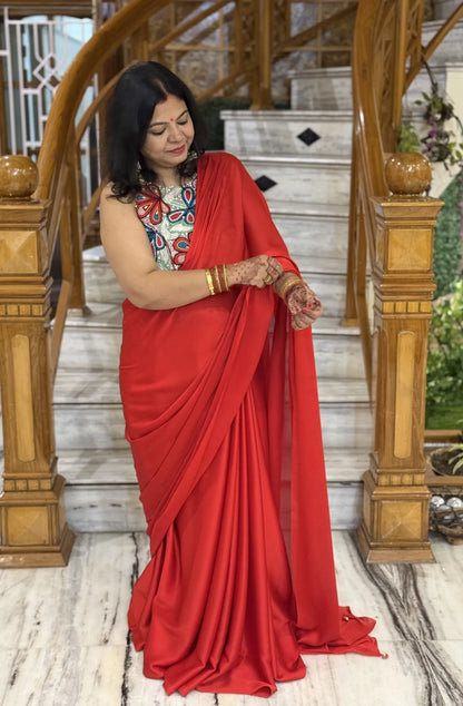 Gulnaar Red Floral Embellished Saree- fully hand-embroidered blouse