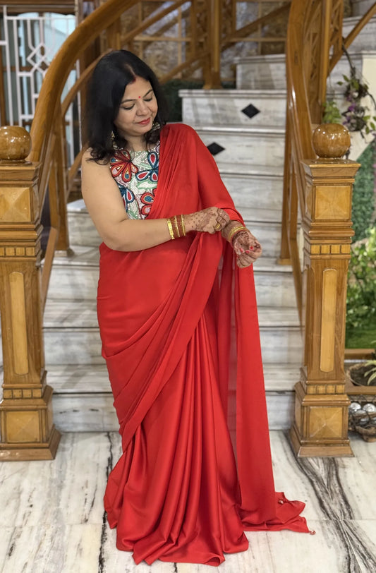Gulnaar Red Floral Embellished Saree- fully hand-embroidered blouse