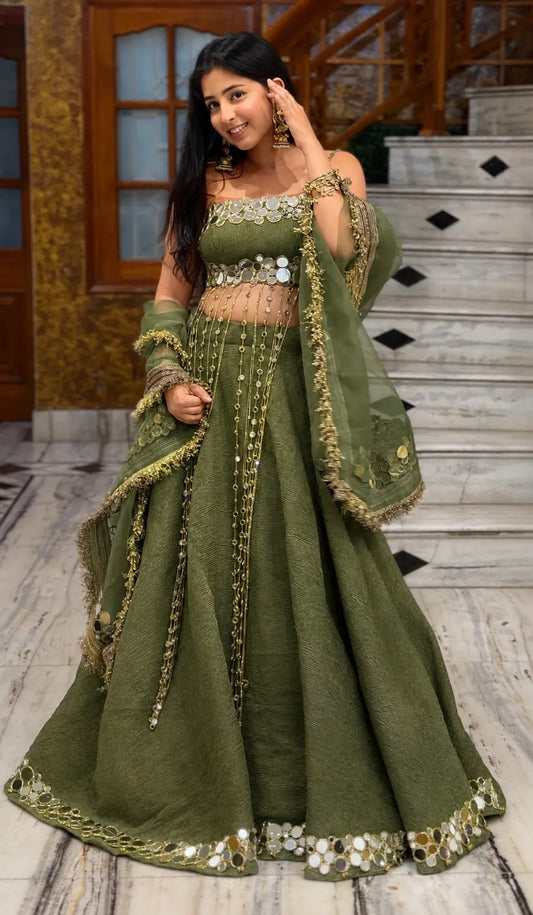 Noor Luxury Mirror Work Lehenga-Olive Green