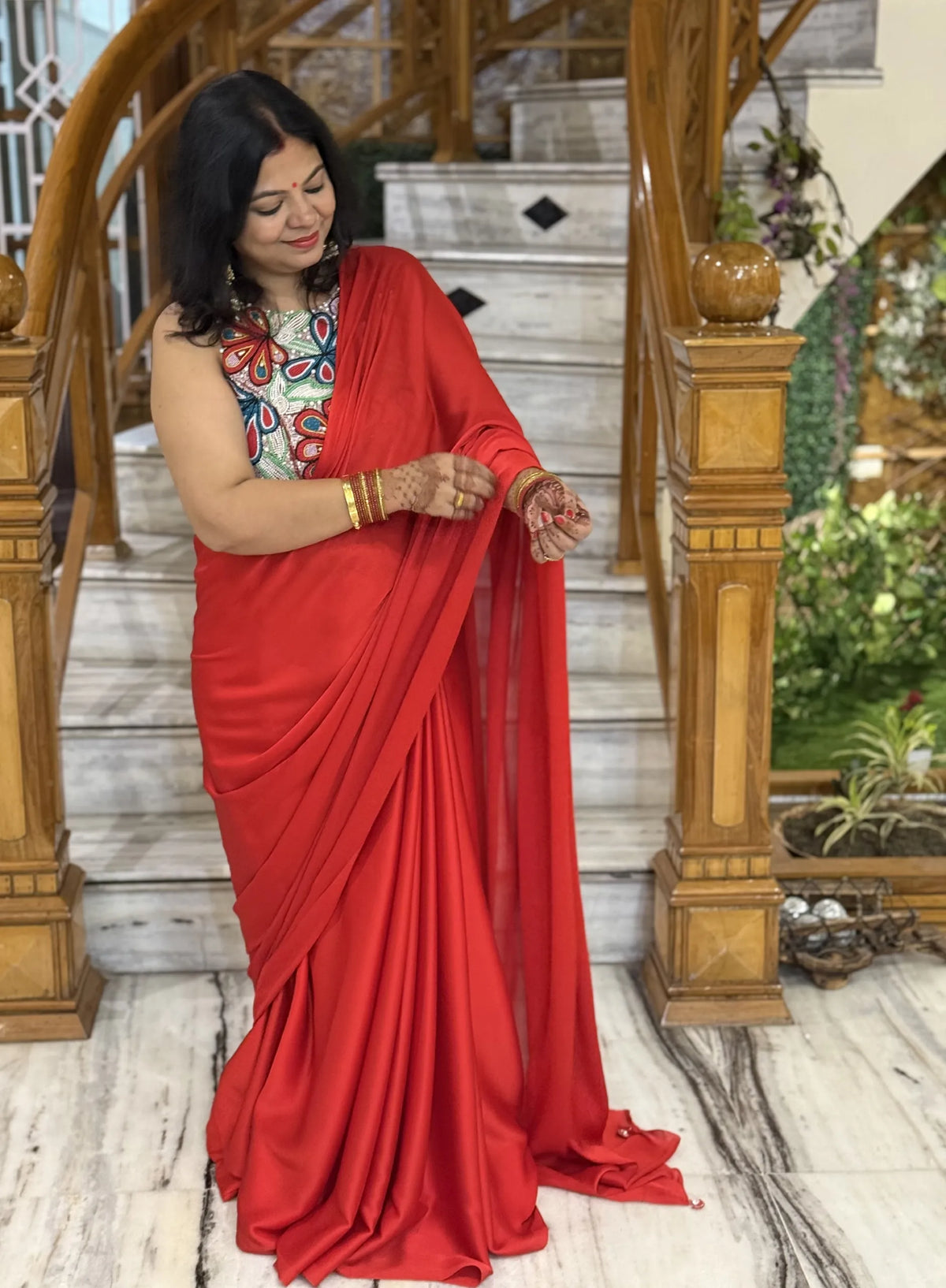 Gulnaar Red Floral Embellished Saree- fully hand-embroidered blouse