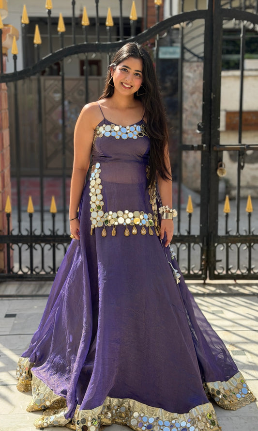 Ziya Luxury Mirror Work Lehenga-Deep Muted Purple