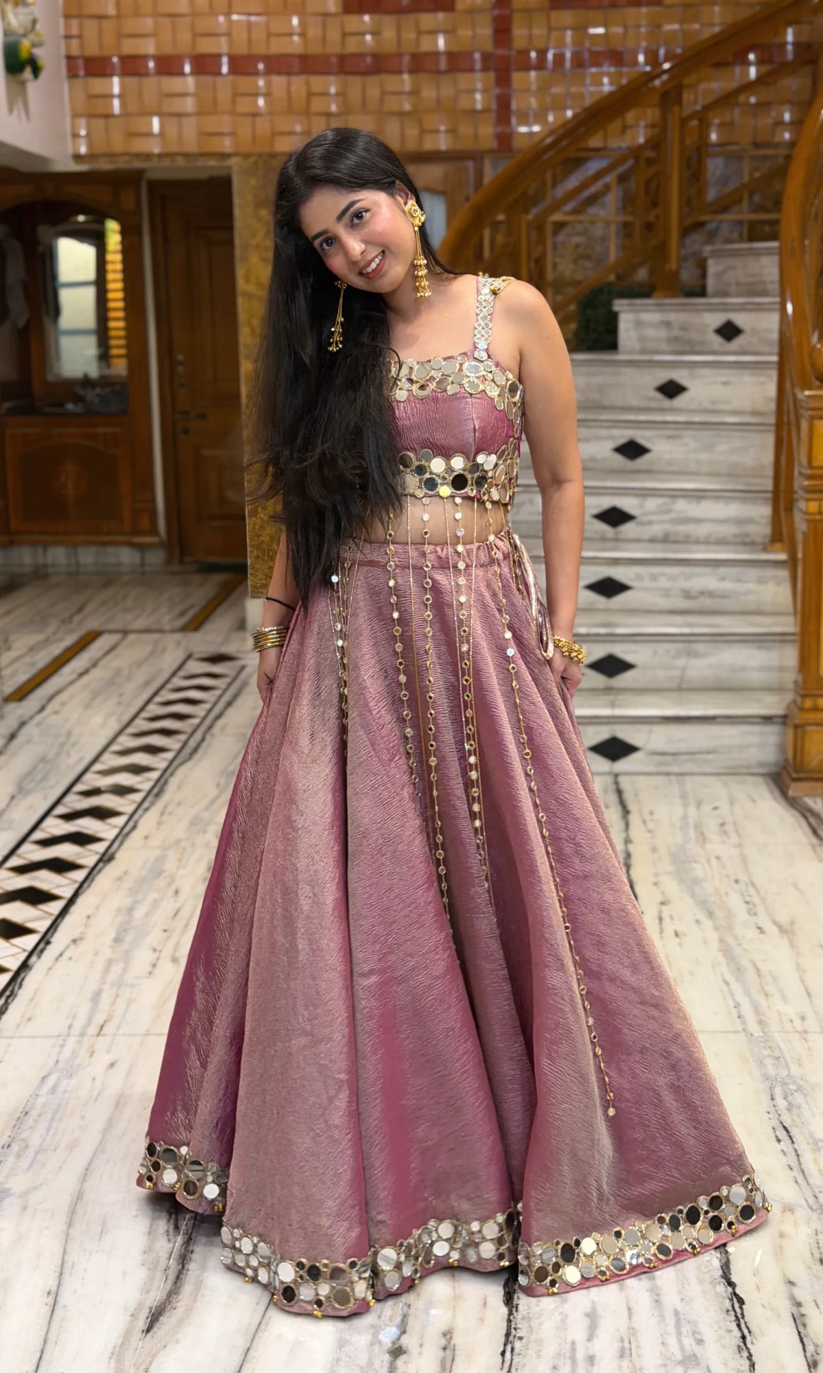Noor Luxury Mirror Work Lehenga-Dusty Rose