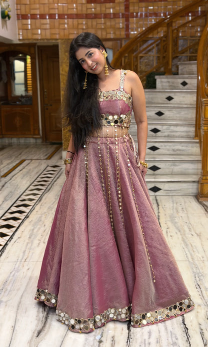 Noor Luxury Mirror Work Lehenga-Dusty Rose