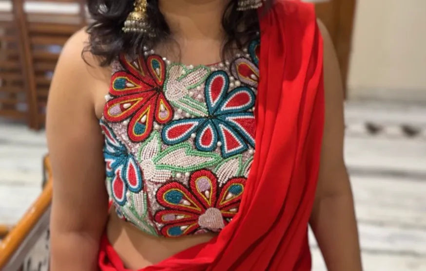 Gulnaar Red Floral Embellished Saree- fully hand-embroidered blouse