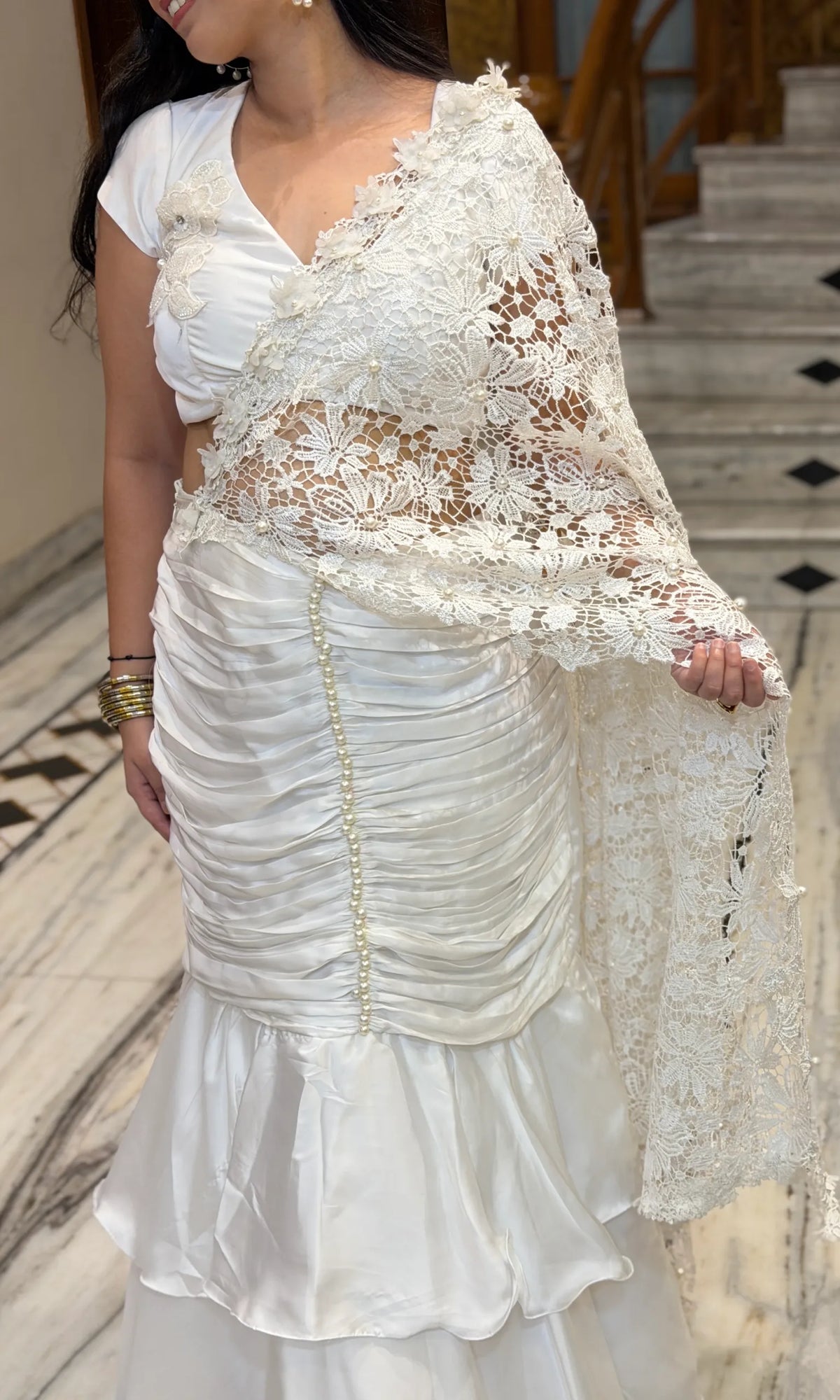 Elara Ivory Pearl-Embellished Fish-Cut Dress