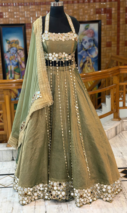 Noor Luxury Mirror Work Lehenga-Olive Green Double Mirror work