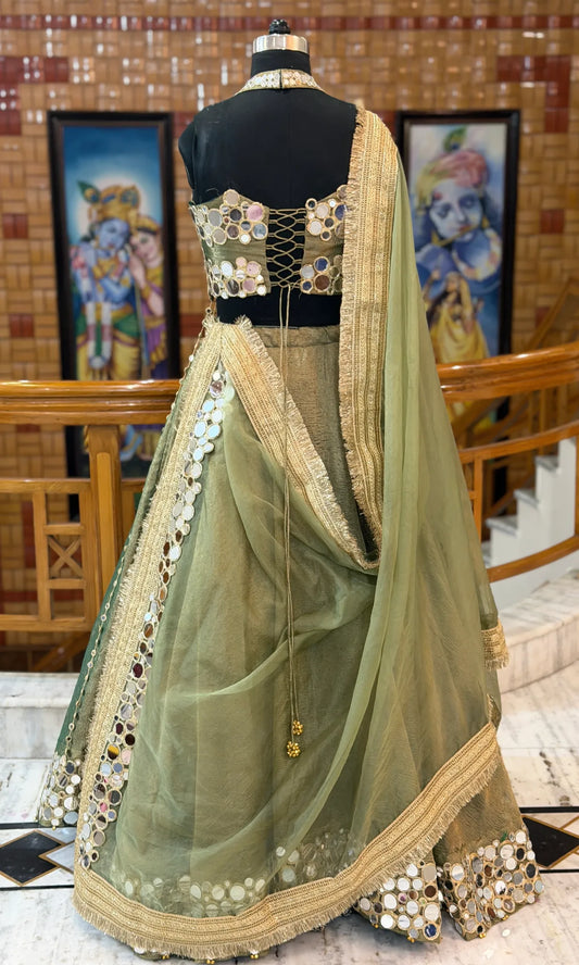 Noor Luxury Mirror Work Lehenga-Olive Green Double Mirror work