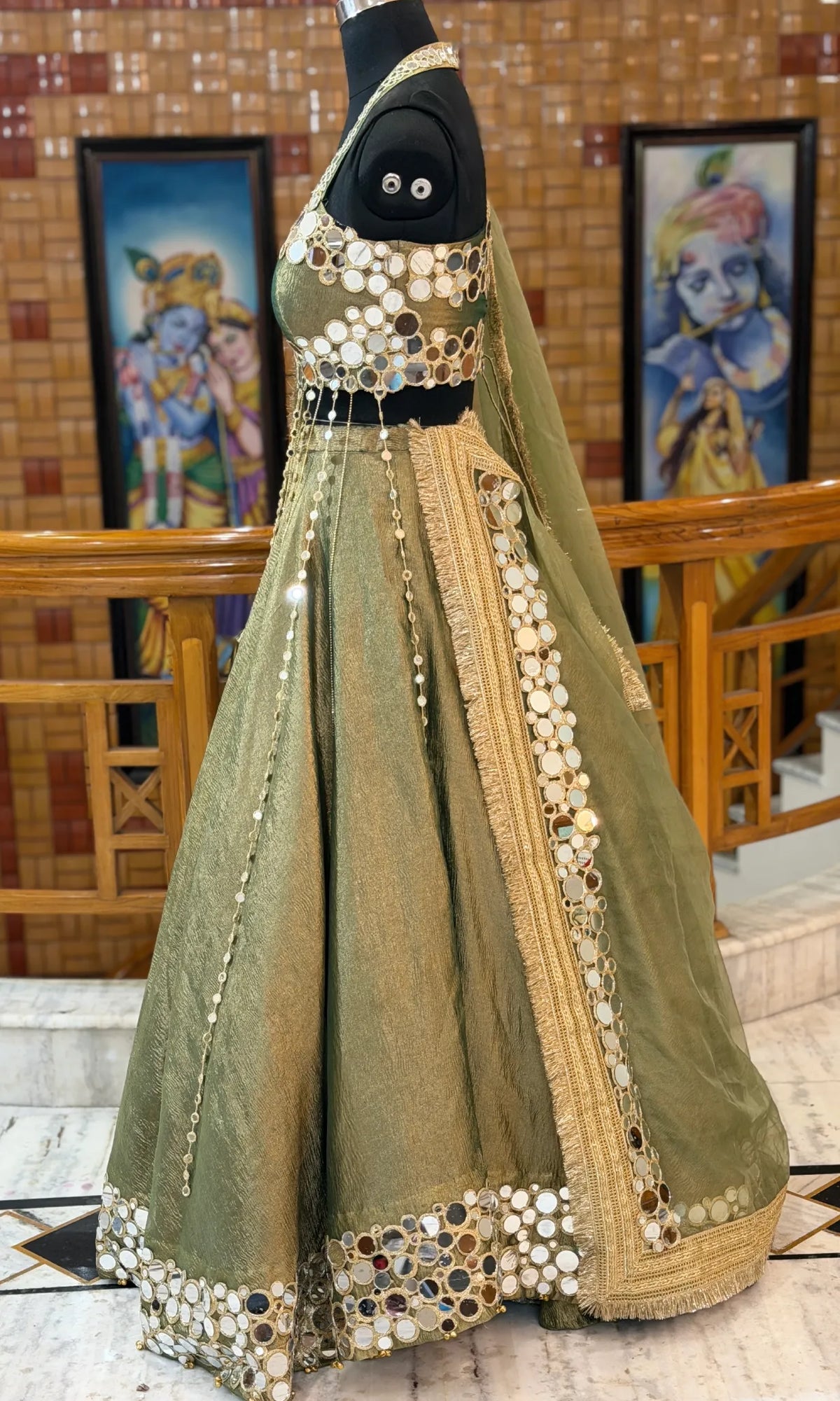 Noor Luxury Mirror Work Lehenga-Olive Green Double Mirror work