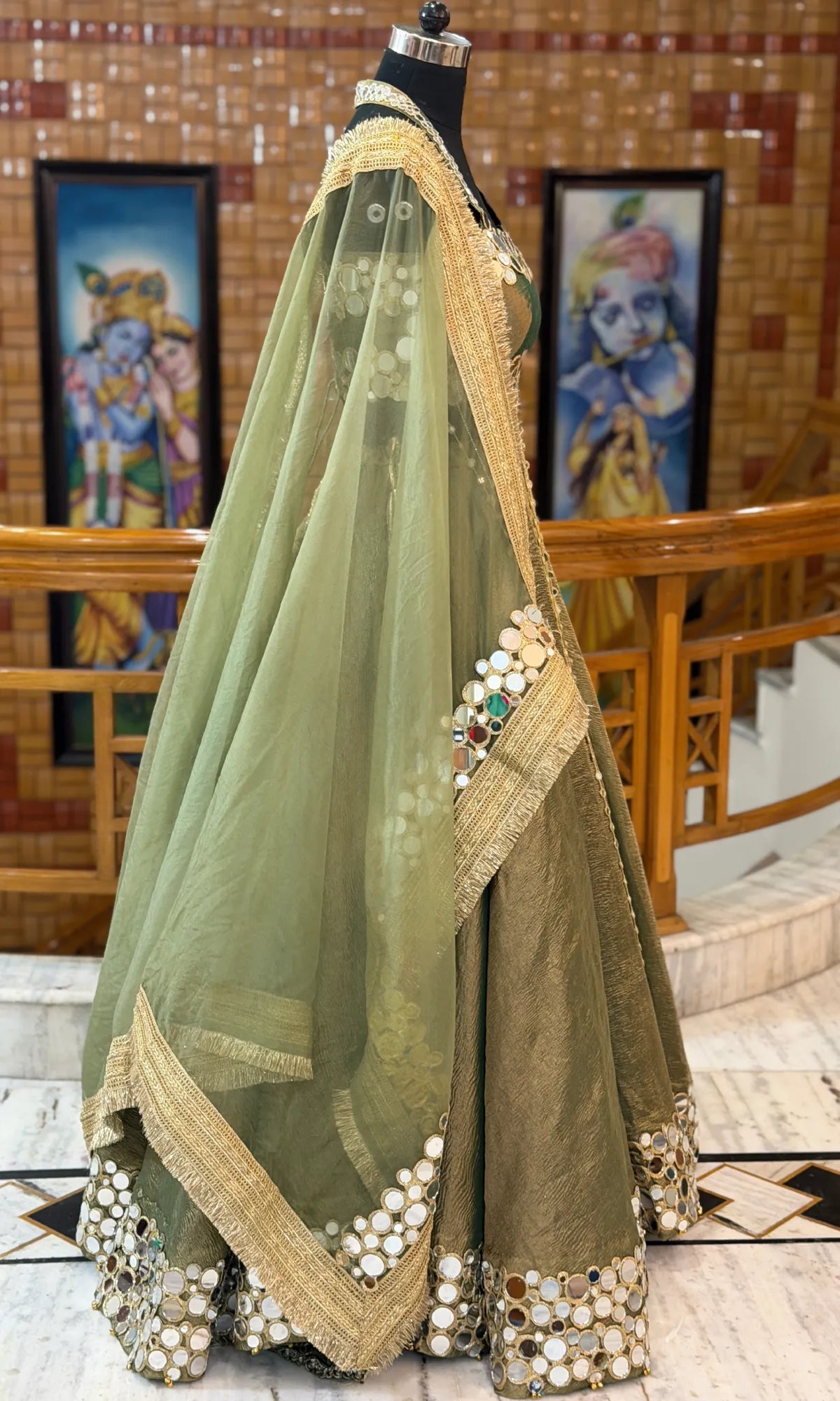 Noor Luxury Mirror Work Lehenga-Olive Green Double Mirror work