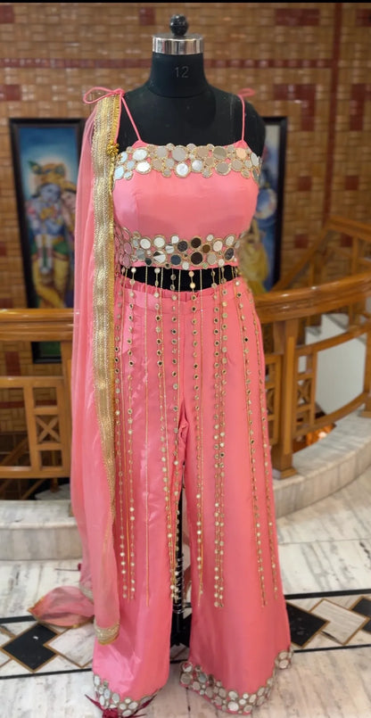 Coral Rose Pink Mirror Work Suit with Dori & Mirror Detailing