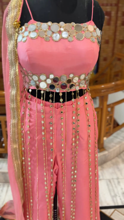 Coral Rose Pink Mirror Work Suit with Dori & Mirror Detailing