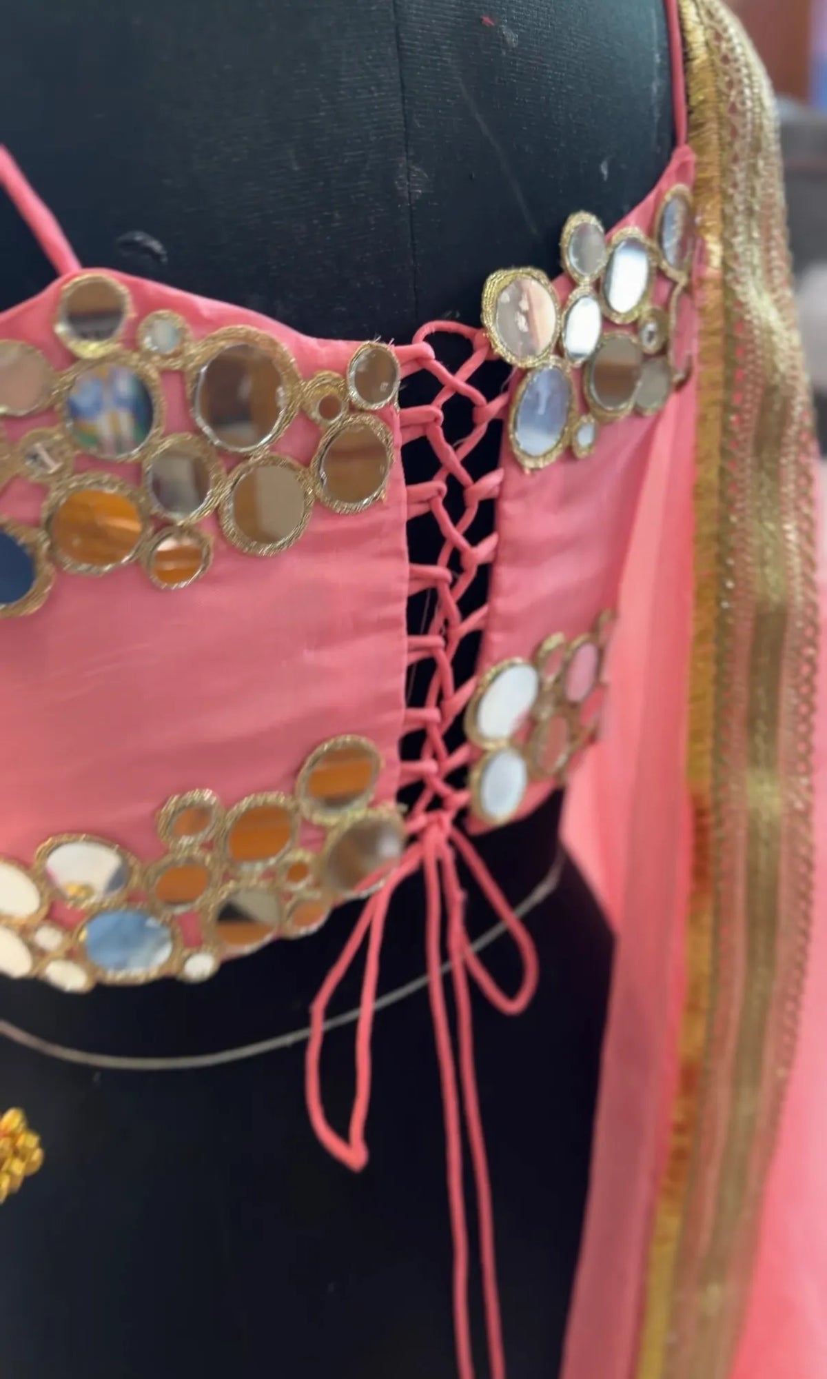 Coral Rose Pink Mirror Work Suit with Dori & Mirror Detailing