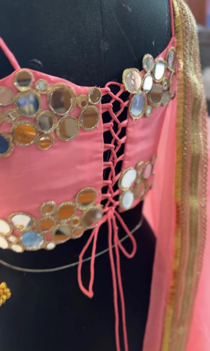 Coral Rose Pink Mirror Work Suit with Dori & Mirror Detailing