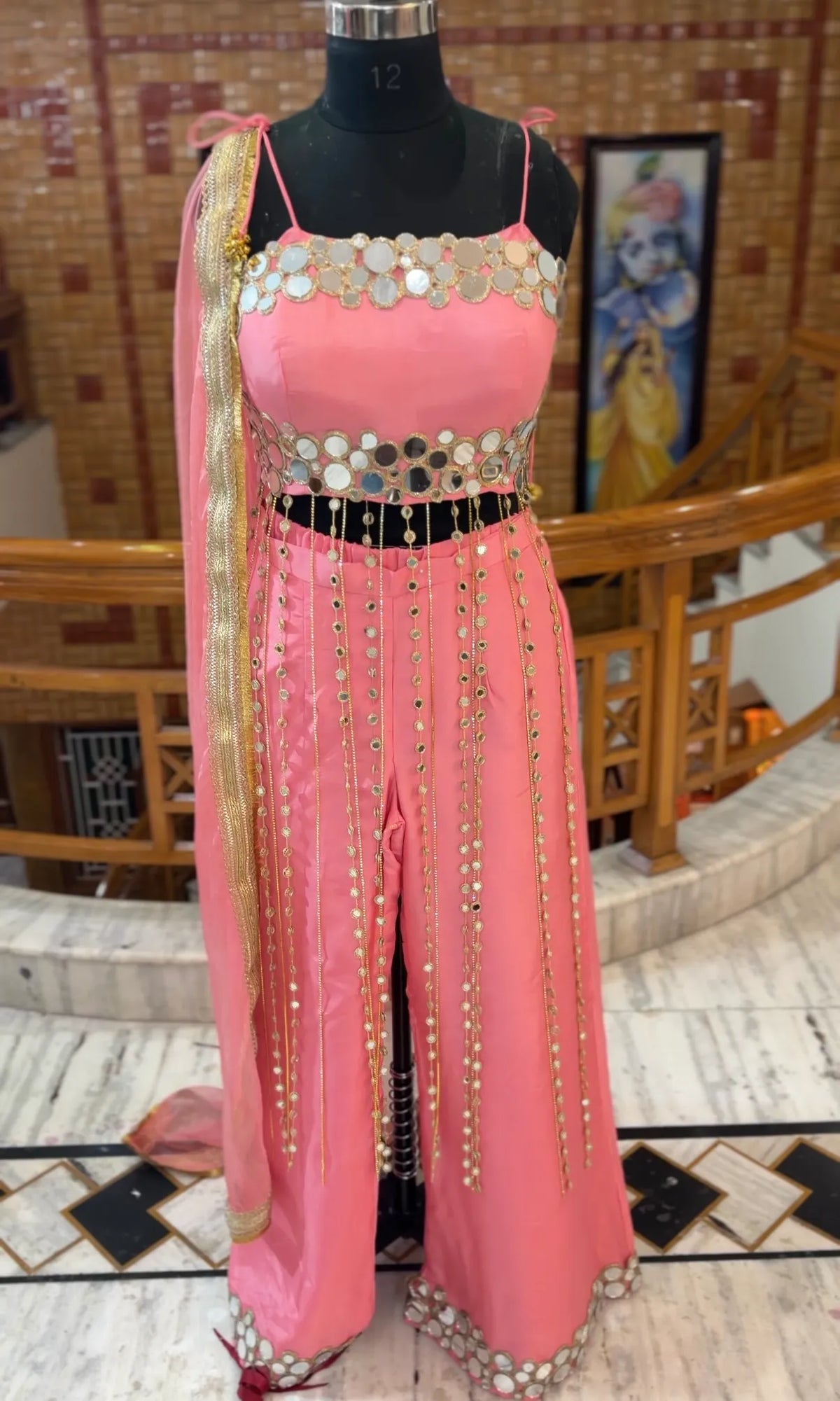 Coral Rose Pink Mirror Work Suit with Dori & Mirror Detailing