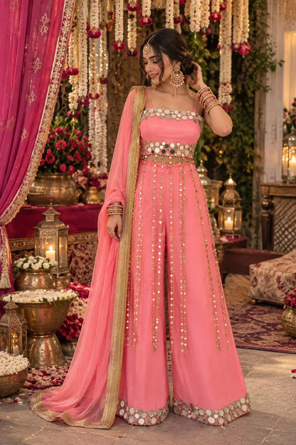 Coral Rose Pink Mirror Work Suit with Dori & Mirror Detailing