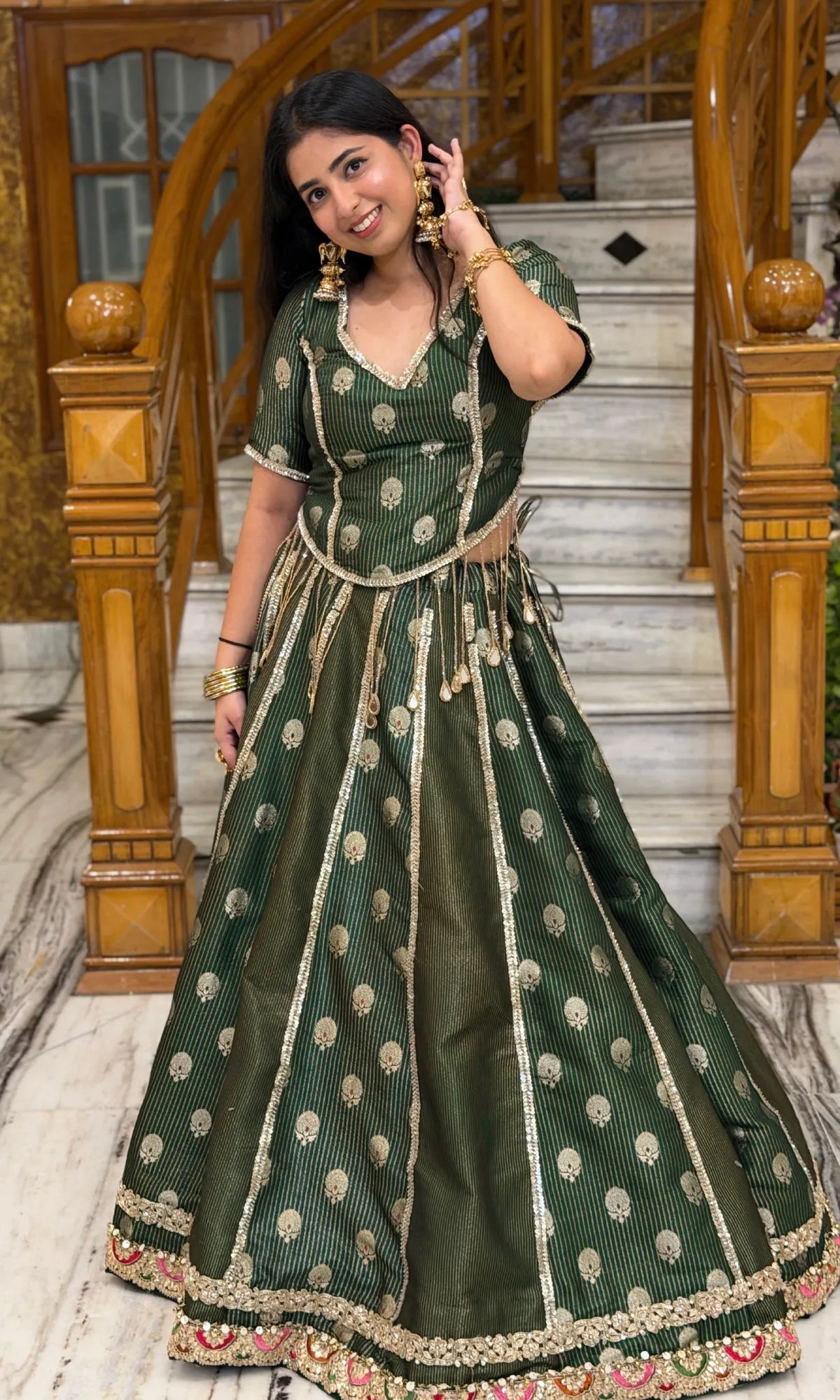 EmeralGreen Pure Banarasi Silk Lehenga with Mirror & Kundan Work