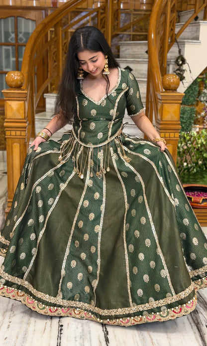 EmeralGreen Pure Banarasi Silk Lehenga with Mirror & Kundan Work