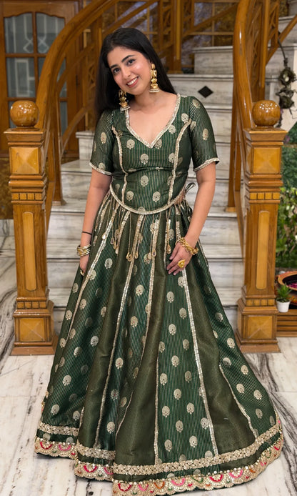 EmeralGreen Pure Banarasi Silk Lehenga with Mirror & Kundan Work