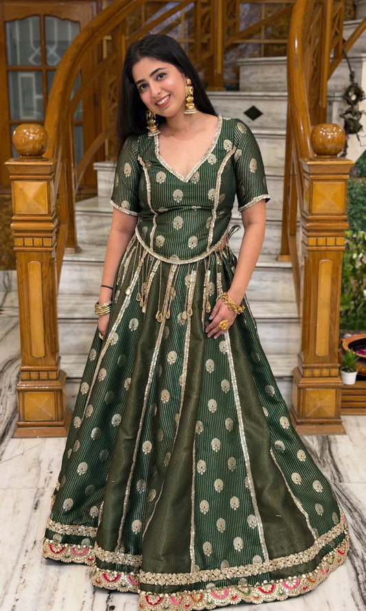 EmeralGreen Pure Banarasi Silk Lehenga with Mirror & Kundan Work