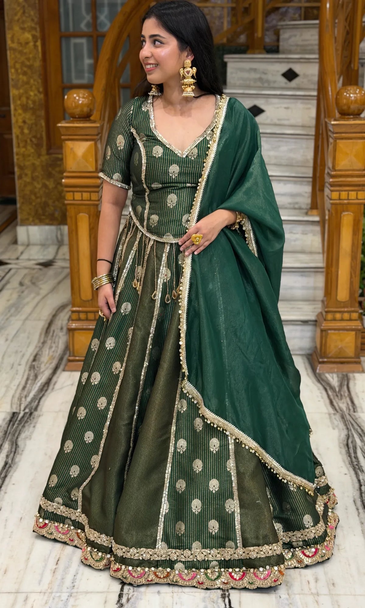 EmeralGreen Pure Banarasi Silk Lehenga with Mirror & Kundan Work