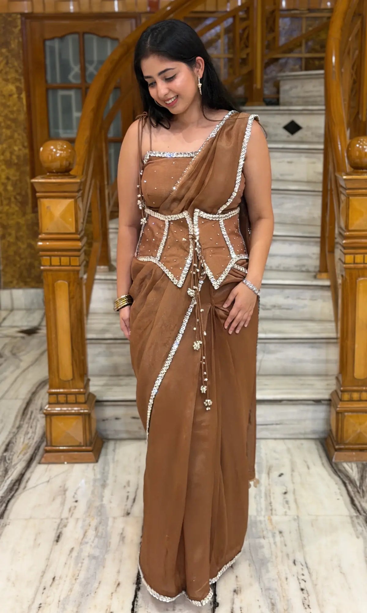 Chocolate Brown Silk Tissue Saree with Diamond Work