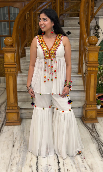 Ivory Dandiya Suit Set with Traditional Mirror Work & Flared Pants