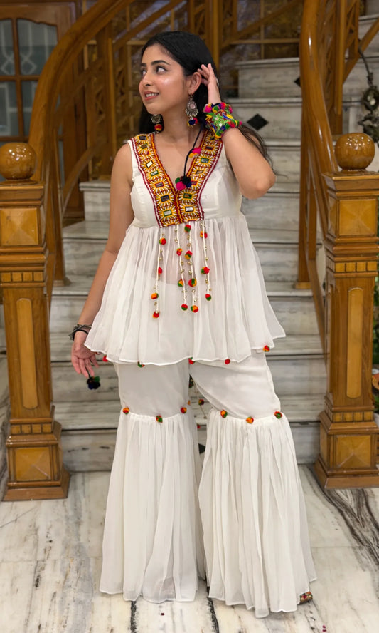 Ivory Dandiya Suit Set with Traditional Mirror Work & Flared Pants