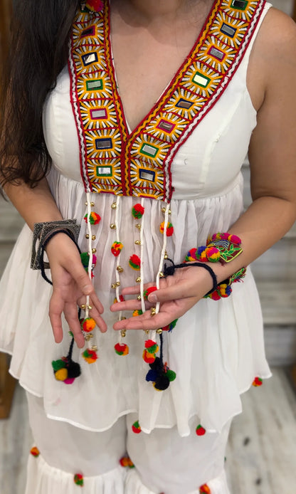 Ivory Dandiya Suit Set with Traditional Mirror Work & Flared Pants
